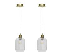 firstchoicelighting Set of 2 Ribbed Glass Ceiling Light Pendants with Satin Brass and Clear Cable, Height Adjustable 23-130cm, Kitchen Island Dining Lighting