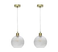 First Choice Lighting Set of 2 Betchley - Clear Ribbed Glass Globe with Satin Brass Pendant Fittings in Gold First Choice Lighting Gold