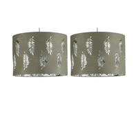 firstchoicelighting Set of 2 Sage Green Pendant Shades, Easy Fit Ceiling Lightshades, Fern Leaf Cut Out Design, Diameter 30cm