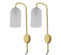 firstchoicelighting Set of 2 Satin Brass with Glass Shade Plug in Wall Lights, Bedside Lamp, Black Cable and Switch, LED Compatible, Height 45cm