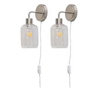 firstchoicelighting Set of 2 Satin Nickel Plug in Wall Lights or Bedside Reading Lamps with Clear Ribbed Lozenge Glass Shades