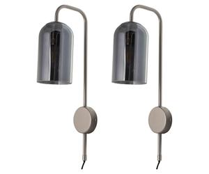 firstchoicelighting Set of 2 Satin Nickel with Glass Shade Plug in Wall Lights, Bedside Lamp, Black Cable and Switch, LED Compatible, Height 45cm
