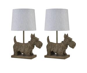 firstchoicelighting Set of 2 Scottie Dog Table Lamps or Bedside Lights with Oatmeal Linen Shade, Resin Base, Height 41cm, LED Compatible