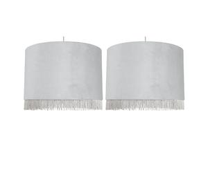 firstchoicelighting Set of 2 Silvery Grey Velvet Easy Fit Ceiling Lightshades, Large Modern Pendant Shades, Fringe Detail, Diameter 38 cm