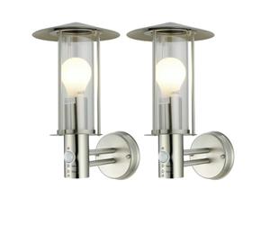 firstchoicelighting Set of 2 Stainless Steel Outdoor Motion Sensor Wall Lights, Modern Lantern Design Garden Porch Security Light, IP44 Rated, LED Compatible