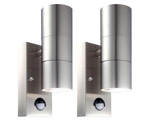 firstchoicelighting Set of 2 Stainless Steel Outdoor Security Lights Up Down Twin Outdoor Wall Lights PIR Motion Sensor IP44 Wall Light LED Compatible