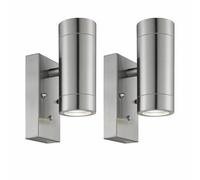 firstchoicelighting Set of 2 Stainless Steel Outdoor Security Up Down Wall Lights, Dusk til Dawn Photocell Sensor, IP44 Rated, LED Compatible