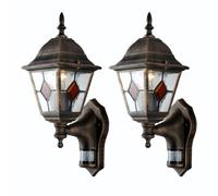 firstchoicelighting Set of 2 Traditional Outdoor Garden Porch Security Wall Lights, PIR Motion Sensor Activated, Black & Brushed Gold Finish with Glass, IP44 Rated Waterproof, LED Compatible