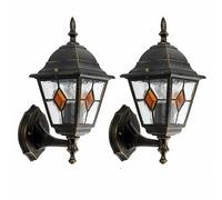 firstchoicelighting Set of 2 Traditional Outdoor Garden Porch Wall Lights, Black & Brushed Gold Finish with Glass, IP44 Rated Waterproof, LED Compatible