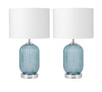 firstchoicelighting Set of 2 Turquoise Ribbed Glass Lamps with White Shades