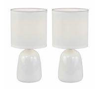 firstchoicelighting Set of 2 White Ceramic 26cm Table Lamps or Bedside Lights with Matching Fabric Shades, LED Compatible