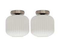 firstchoicelighting Set of 2 White Ribbed Glass Ceiling Light Flush Fittings with Satin Nickel Detail, Modern Low Ceiling Lighting