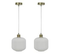 firstchoicelighting Set of 2 White Ribbed Glass Ceiling Light Pendants with Satin Brass Details and Clear Cable, Height Adjustable, Kitchen Island Dining Lighting