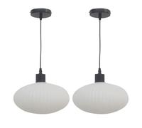 firstchoicelighting Set of 2 White Ribbed Oval Glass Ceiling Light Pendants with Black Details and Cable, Height Adjustable, Kitchen Island Dining Lighting