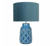 firstchoicelighting Teal Ceramic Glaze Table Lamp or Bedside Light Teal Velour Shade Retro Modern Design Lamp Height 46 cm LED Compatible