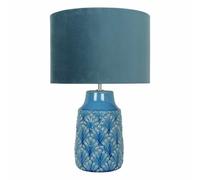 firstchoicelighting Teal Ceramic Glaze Table Lamp or Bedside Light Velour Shade Retro Modern Design Height 46 cm LED Compatible