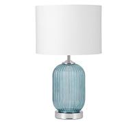 firstchoicelighting Turquoise Ribbed Glass Table Lamp or Bedside Light Modern Deco Design Lamp White Fabric Shade 47cm Height LED Compatible