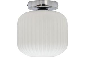 firstchoicelighting White Ribbed Glass Ceiling Light Flush Fitting with Chrome Detail, Modern Low Ceiling Lighting