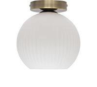 firstchoicelighting White Ribbed Glass Globe Ceiling Light Flush Fitting with Antique Brass Detail, Modern Low Ceiling Lighting