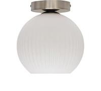 firstchoicelighting White Ribbed Glass Globe Ceiling Light Flush Fitting with Satin Nickel Detail, Modern Low Ceiling Lighting