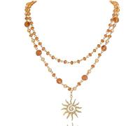 Firstmeet Sun Pendant Necklace 2-Layer Metal Bead Links Delicate Glass Bead Sparkling Sunshine Jewelry for Women, Glass, No Gemstone