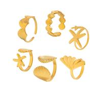 FIRSTXIU 6PCS Hot Day Beach Holiday Jewelry Open Joint Rings Starfishes Shell Design Sturdy Alloy Adjustable Rings Gift Set Multi Combination Collection
