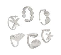 FIRSTXIU 6PCS Hot Day Beach Holiday Jewelry Open Joint Rings Starfishes Shell Design Sturdy Alloy Adjustable Rings Gift Set Multi Combination Collection