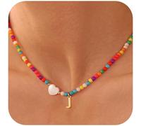 FIRSTXIU Necklace,Handmade Beaded Initial Necklace For Women Lightweight Dainty Chokers Jewelry With Natural Shell And Turquoise Accents