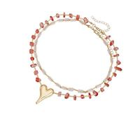 FIRSTXIU Playful Two Tiers Rhinestones Necklace Modern Irregular Heart Pendant Clavicle Chain Fashion Neckchain Accessory Double Layer Heart Necklace