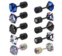 Firtink 5 Pairs Titanium Earrings Women Men Stud Screw Back Surgical Stainless Steel Sleeper Rainbow 5A Cubic Zirconia Studs Double Side Earrings, Black,Gold,Rainbow,Silver