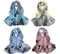 Firtink Pack of 4 Women's Chiffon Scarf, 150 x 50 cm, Soft Floral Scarf, Shawls, Stole Scarf, Silky Headscarf, Neckerchiefs, Silk Scarves, Elegant Lightweight Silk Scarf Scarves for Women, Dark blue