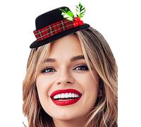Firuilo Christmas Snowman Headband Black Mini Top Hat Hairbands Christmas Mistletoe Head Hoops with Plaid Band Holly and Berries for women (Style-B, One Size)