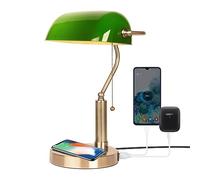 FIRVRE Bankers Office Desk Lamp, Vintage Green Glass Table Lamp with Brass Base, Classic Retro Light with Wireless Charging&USB Port