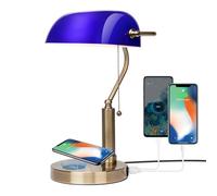 FIRVRE Blue Glass Bankers Desk Lamp Reading E27 Classic Retro LED Table Lamp with Wireless Charging USB Port Vintage Brass Pull Chain Switch Nightstand Bedside Light for Home Office Bedroom