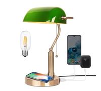 FIRVRE Glass Bankers Desk Lamp USB Wireless Charging Port LED Desk Lamp Classic Retro Pull Chain Switch Table lamp Reading Modern for Home Office nightstand Bedside Study Desk Library (Green)