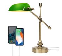 FIRVRE Green Banker Lamp Desk Lamp Touch Control Reading Lamp with 2 USB Charging Port Table Lamp 3 Way Dimmable Office Lamp with Adjustable Arm for Home Office Library Piano