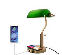 FIRVRE Green Glass Bankers Lamp, E27 Desk Reading Lamp, Classic Retro LED Table Lamp with Wireless Charging USB Port, Vintage Brass Pull Chain Switch Nightstand Bedside Light for Home Office Bedroom