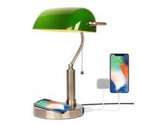 FIRVRE Green Glass Bankers Lamp, E27 Desk Reading Lamp, Classic Retro LED Table Lamp with Wireless Charging USB Port, Vintage Brass Pull Chain Switch Nightstand Bedside Light for Home Office Bedroom