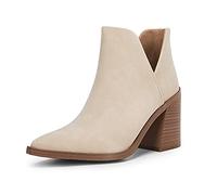 FISACE Womens Pointed Toe Stacked Mid Heel Ankle Boots V Cut Back Zipper Faux Leather Booties, Apricot Nubuck, 5.5 UK