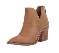 FISACE Womens Pointed Toe Stacked Mid Heel Ankle Boots V Cut Back Zipper Faux Leather Booties, Brown Suede, 4 UK