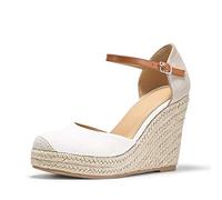 FISACE Womens Summer Espadrille Heel Platform Wedge Sandals Ankle Buckle Strap Closed Toe Shoes, 1-white, 4 UK