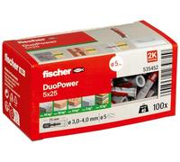 Fischer 535452 DuoPower 5 x 25, Universal Plug with Intelligent 2-Component Technology for fastenings in Concrete, Bricks, Gypsum plasterboard, chipboard, etc., 100 Plugs Without Screws