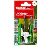 Fischer 563761 Universaldübel UX Green 10 x 60 R EasyHook Angle, nachhaltige Allzweckdübel Rand für optimalen Halt in unterschiedlichen Baustoffen, mit Edelstahlschrauben A2 und Winkelhaken, 2 Stück