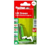 Fischer 563763 Universaldübel UX Green 6 x 35 R EasyHook Angle, nachhaltige Allzweckdübel Rand für optimalen Halt in unterschiedlichen Baustoffen, mit Edelstahlschrauben A2 und Winkelhaken, 2 Stück