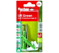 Fischer 563767 Universaldübel UX Green 8 x 50 R EasyHook Angle, nachhaltige Allzweckdübel Rand für optimalen Halt in unterschiedlichen Baustoffen, mit Edelstahlschrauben A2 und Winkelhaken, 2 Stück