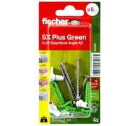 Fischer 567880 SX Plus Green 6 x 30 EasyHook Angle, nachhaltige Spreizdübel, der Spezialist im Vollbaustoff, mit Edelstahlschrauben A2 und Winkelhaken, 4 Stück