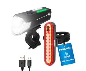 Fischer Bicycle Lighting Set 80/40/20 Lux, Battery Light Set Stop, Front and Rear Light, with Battery and USB Charging Function, 3 Light Functions, Splash Protection According to IP44, StVZO-Approved