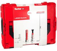 fischer - DuoLine L-Boxx, Assorted Boxes DuoPower, DuoTec and DuoBlade dowels, dowels for plasterboard, Bricks, Concrete, Diameter 6, 8, 10, Rigid and Stackable Boxes of 833 Pieces Red/Grey