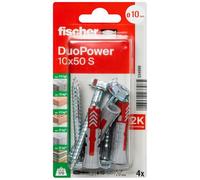 Fischer DuoPower 10 x 50 Universal Wall Plug with Screw 4 Pack | 2-component universal nylon plug with screw for secure fixings in solid, hollow and panel building materials