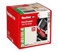 fischer DuoPower 14 x 70 S, powerful universal plug with safety screw, intelligent 2-component technology for fastenings in concrete, bricks, stone, etc., 8 plugs & 8 screws